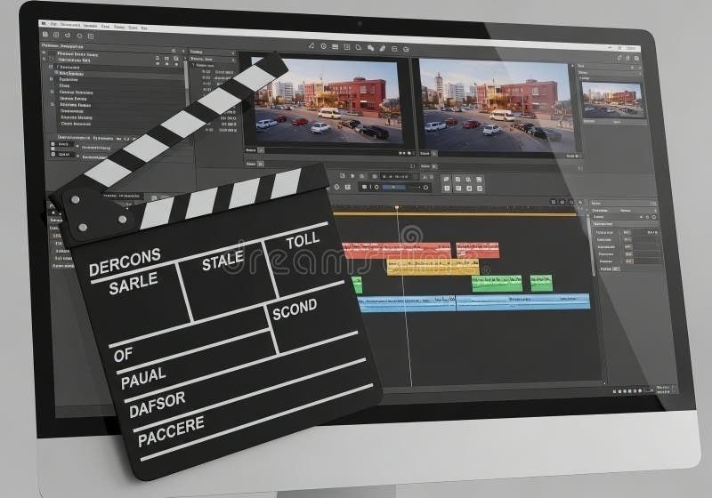 Bildskärm med videoredigering och en svartvit filmklappa