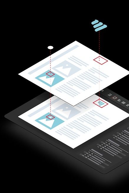Illustration av dokument och bilder som överförs mellan digitala skärmar